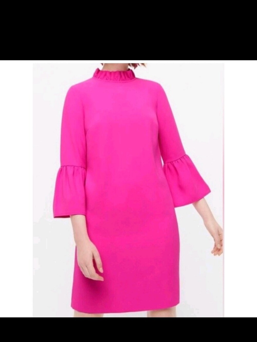 J.Crew Ruffle Neck Shift Dress Size 6 Pink Rose Bell Sleeve Barbiecore